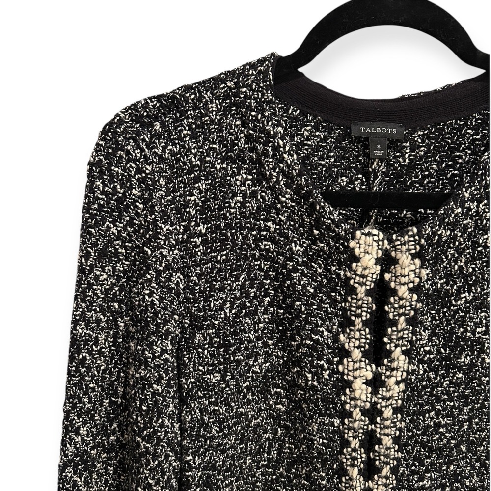Talbots Black White Tweed Collarless Long Cardigan Sweater Jacket Women's Small - Picture 4 of 9